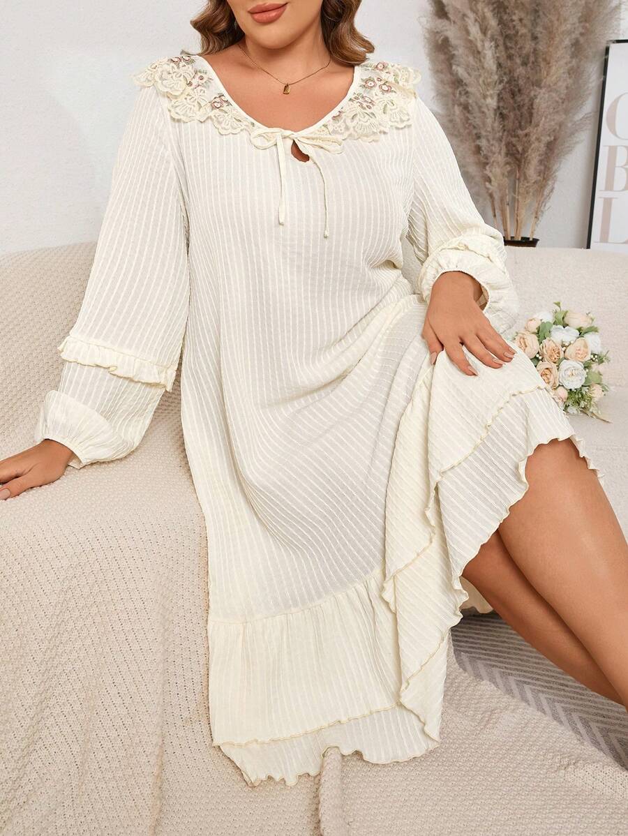 Camisola de Malha com Mangas de Lanterna, Recorte de Renda, Plus Size