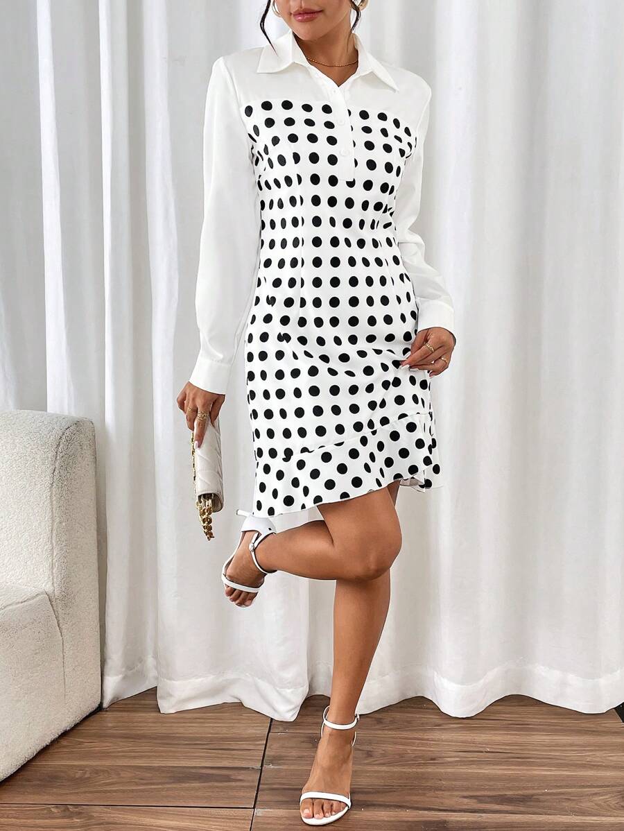 SHEIN Clasi Vestido mujer de 2 en 1 con camisa de cuello corto a lunares y contraste de color