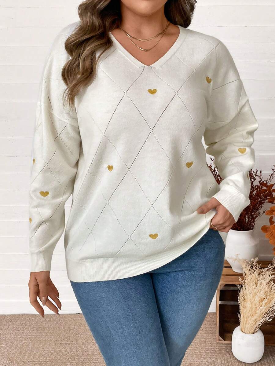 SHEIN Clasi Suéter de mujer de talla grande elegante para uso diario y viajes, versátil, de cuello en V, de hombros caídos, manga larga, con bordado de corazón dorado, para fiesta, reunión, suave, blanco, otoño e invierno, casual de negocios, ropa de trabajo, vestido para invitado de boda en otoño
