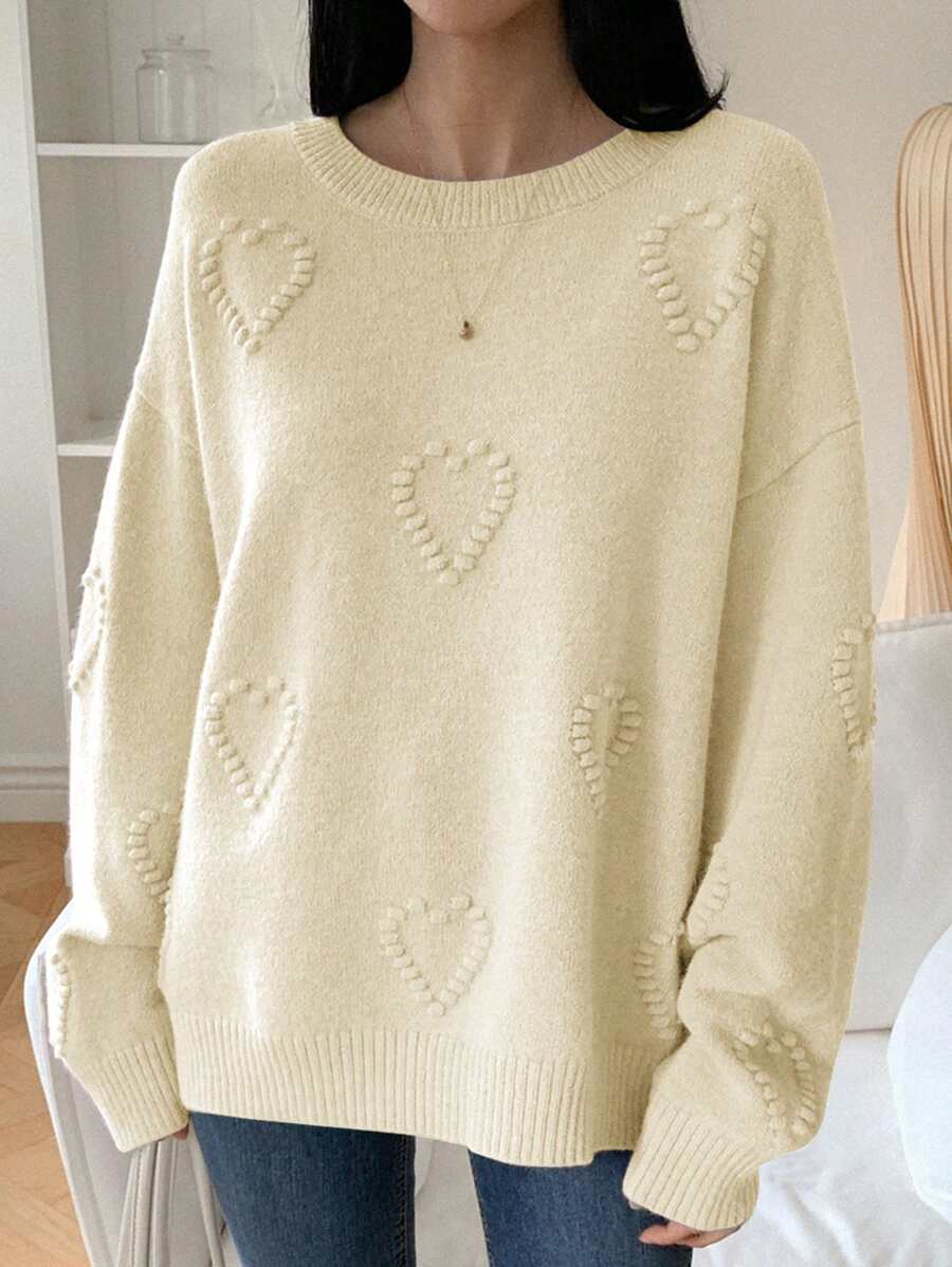 DAZY Heart Jacquard Knit Oversized Crew Neck Women Sweater