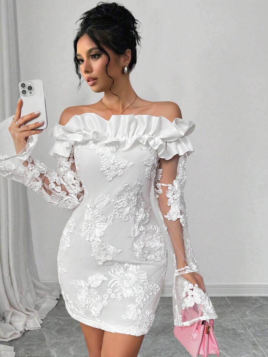 Calvaya 2024 New Elegant High-Craft Embroidery Ruffle Hem Flare Sleeve Mini Dress