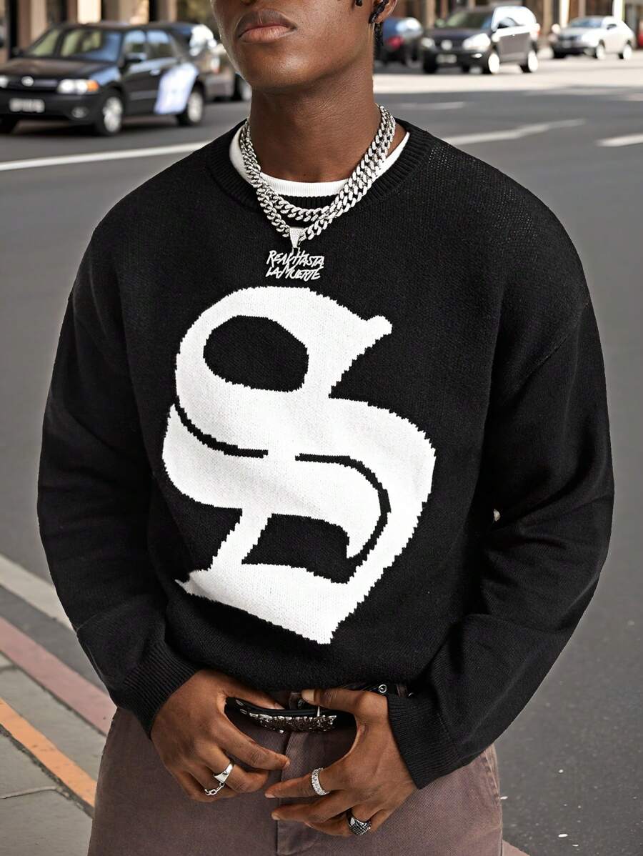 Manfinity VCAY Suéter informal de cuello redondo de manga larga con estampado gráfico para hombres