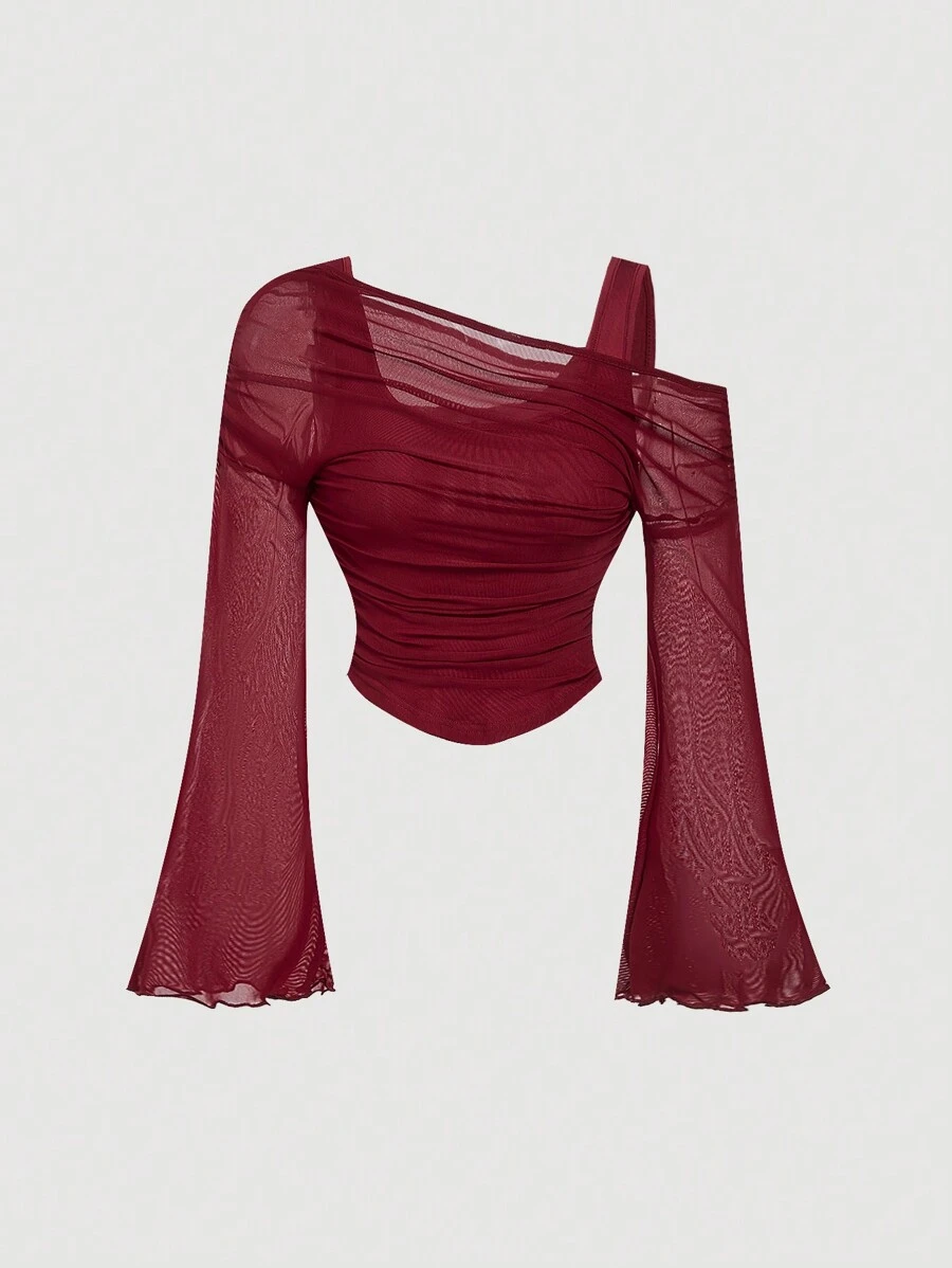 SHEIN MOD Top de mujer manga trompeta de 2 en 1 con hombros descubiertos de malla color albaricoque, estilo occidental, vintage, 70s, The Bachelorette