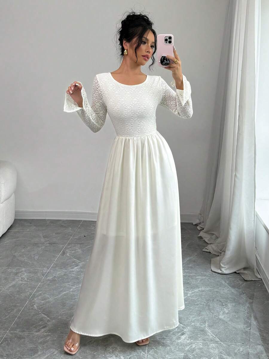 Elenzga Vestido de cóctel elegante de color albaricoque para mujer, para fiesta, boda, vestido de alto nivel con mezcla de encaje, espalda abierta, de seda y satén, corte evasé