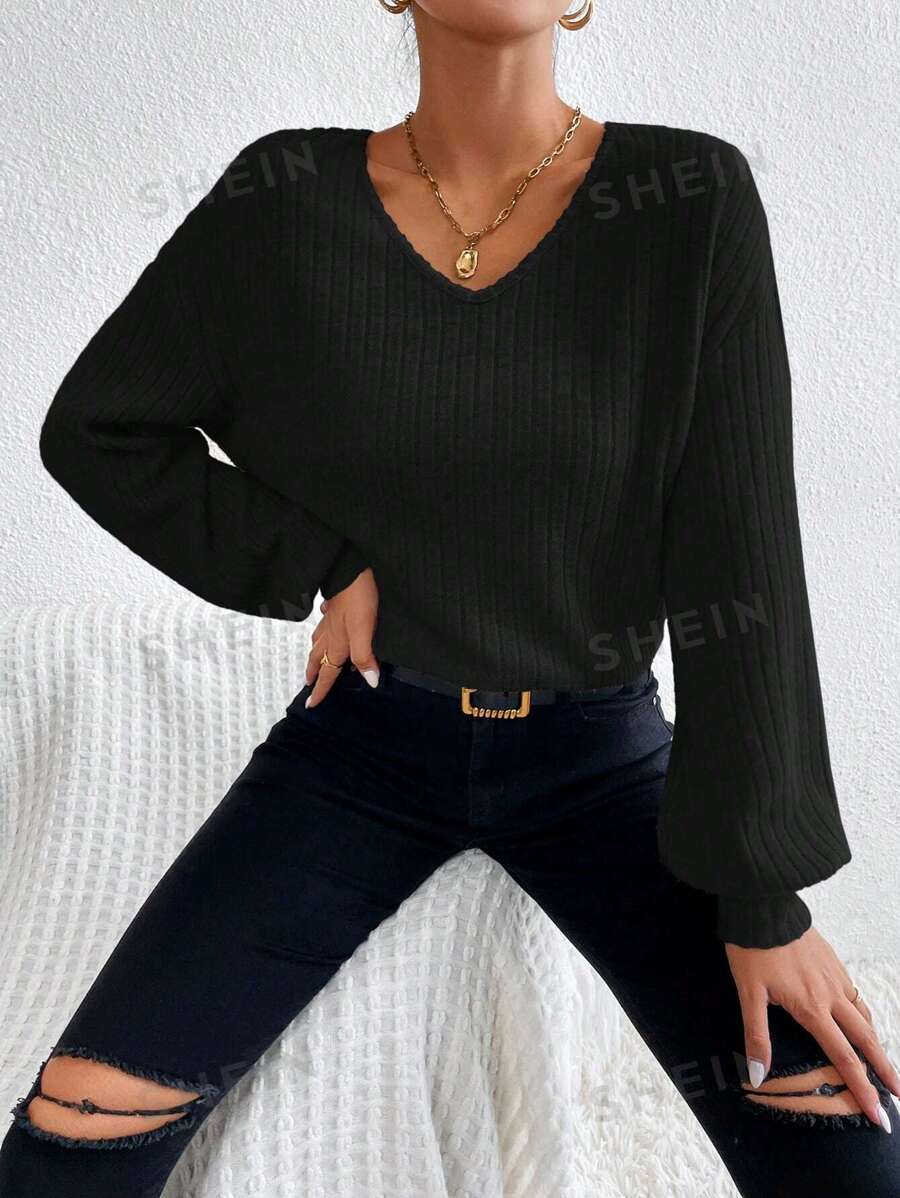 SHEIN Essnce Camiseta holgada de mangas farol de hombro caído en unicolor, para otoño/invierno