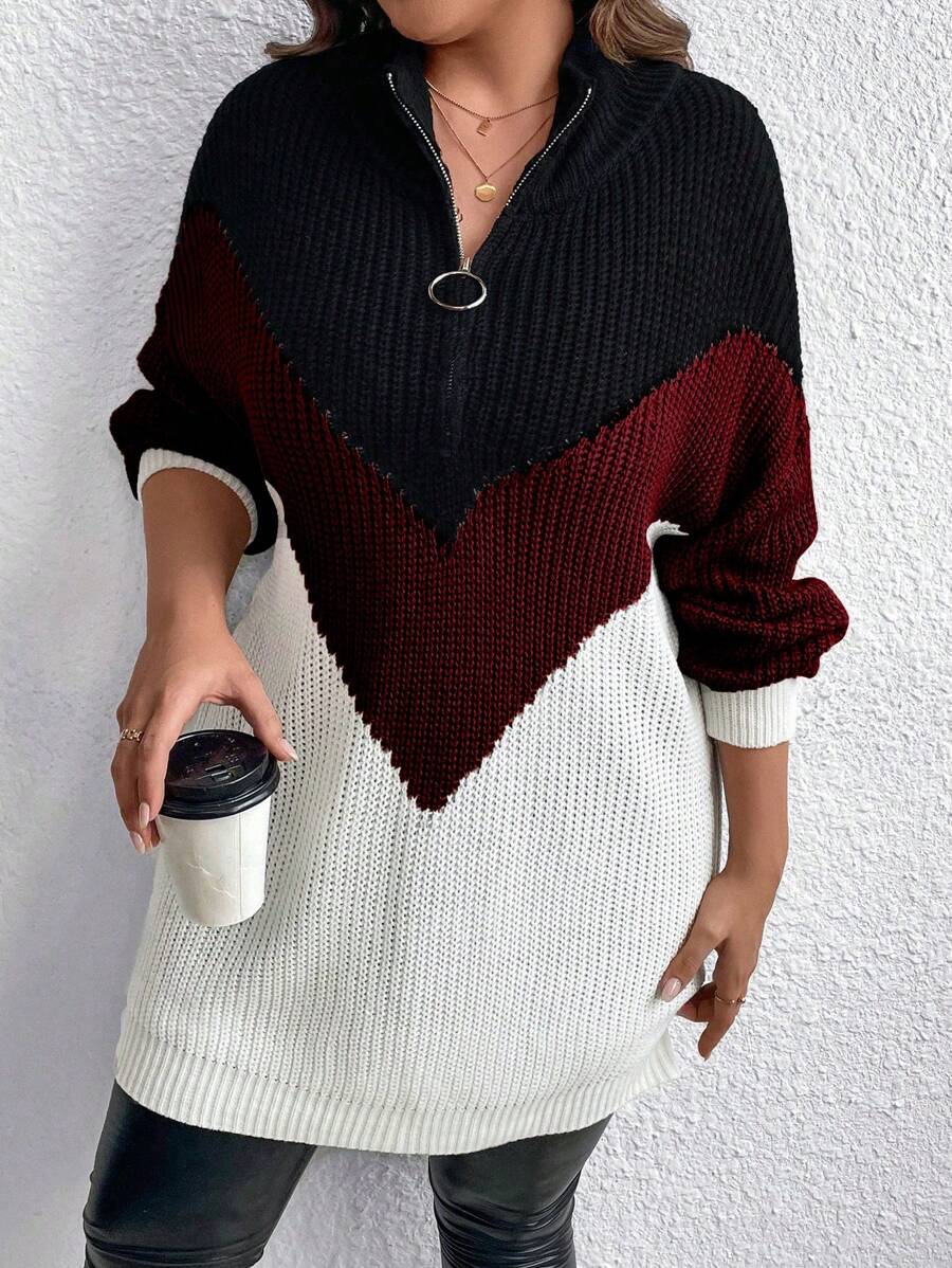 SHEIN LUNE Plus Size Solid Color Stitching Front Zipper Long Sleeve Minimalist Pullover Sweater, For Winter