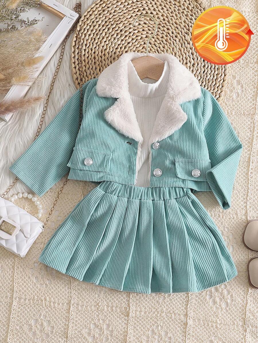 SHEIN 2pcs Baby Girls Spring Autumn Furry Collar Short Jacket And Pleated Skirt Set, Suitable For Outings