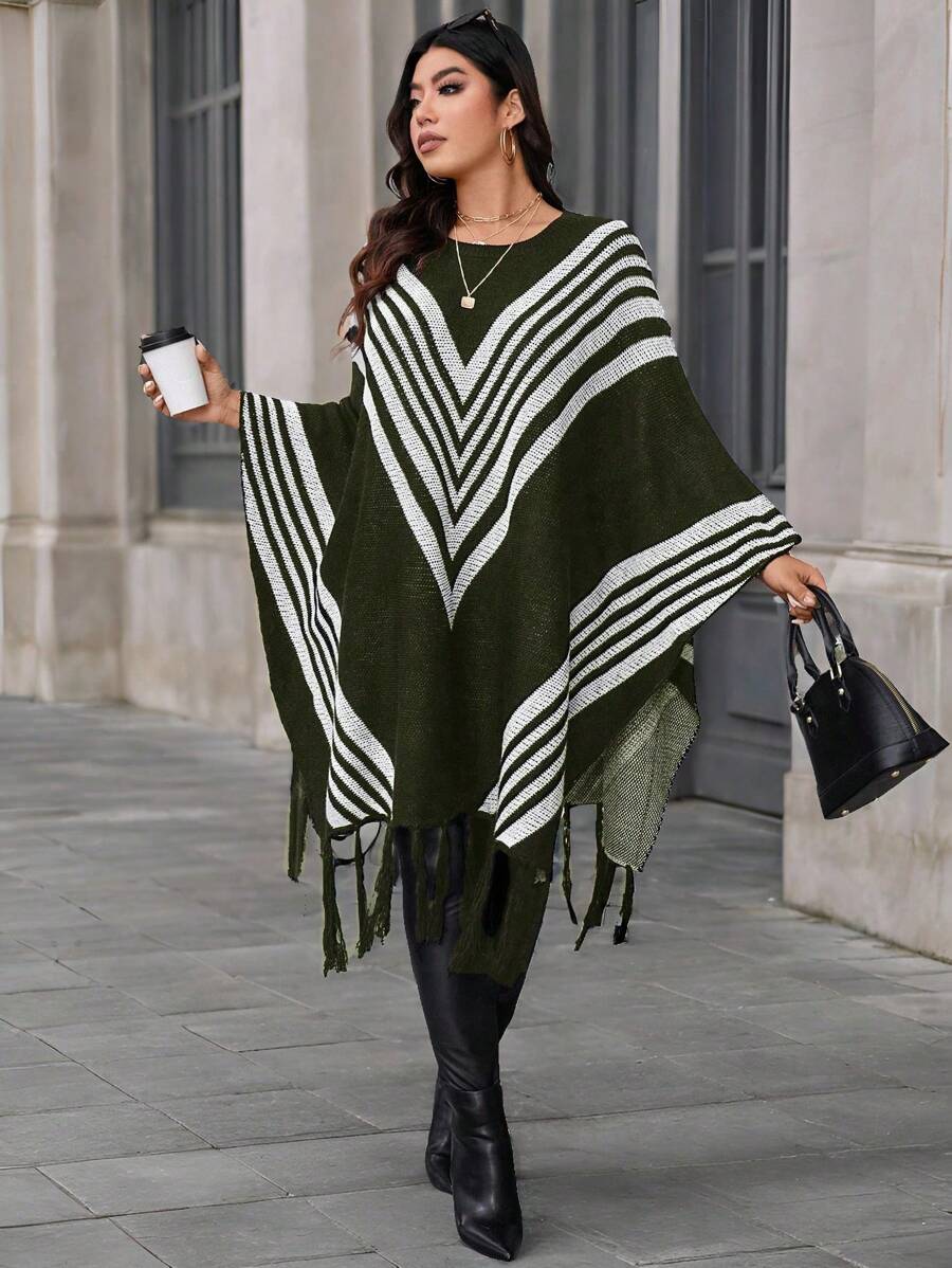 Calvaya Plus Size Women Striped Color Block Tassel Hem Pullover Sweater, Autumn/Winter
