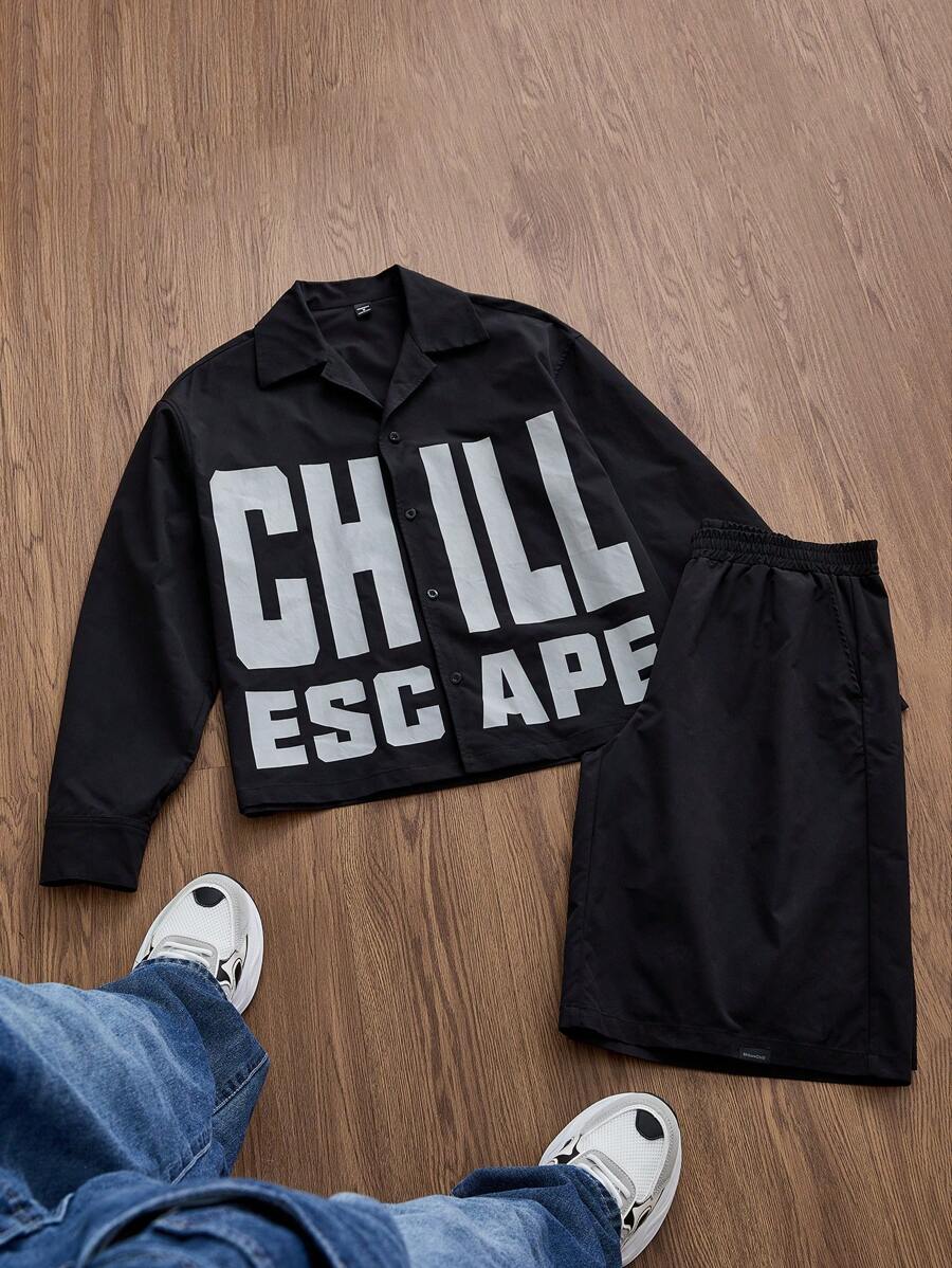 Manfinity VCAY 2pcs Men's Woven Casual Everyday Young English Print Long Sleeve Shirt & Elastic Waist Straight Leg Shorts Set