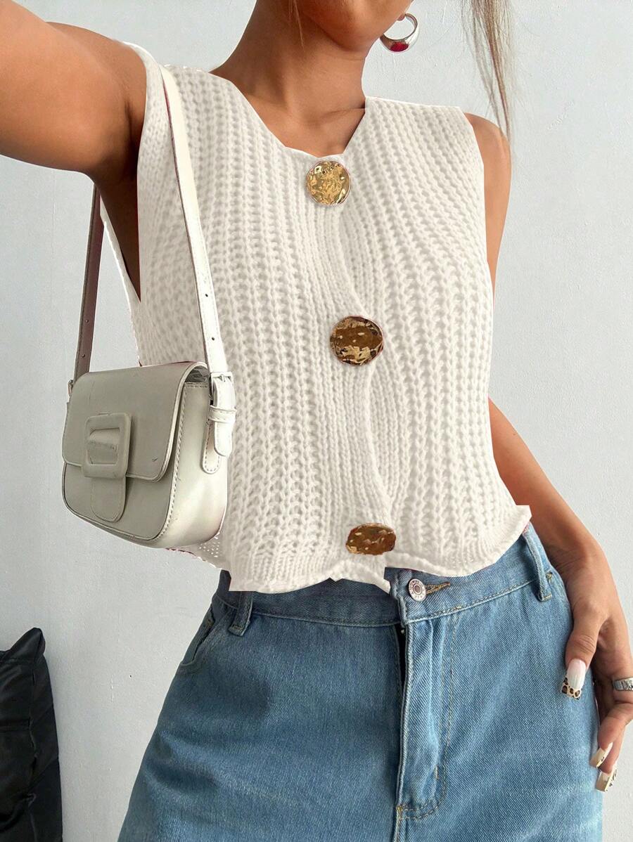 Flirla Fashionable Round Neck Button Decor Minimalist Sleeveless Knit Top