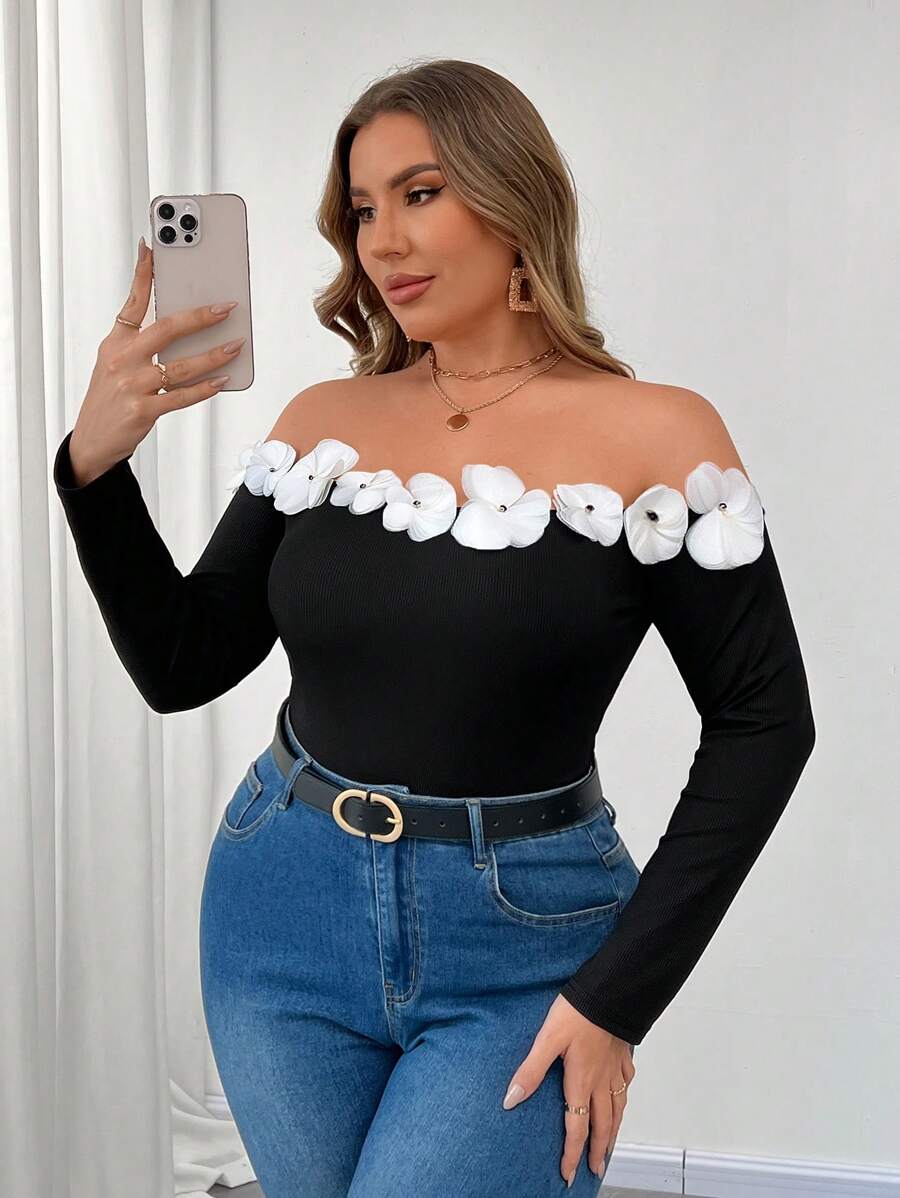 Celure Plus Size Vrouwen Elegant Colorblock Off-Shoulder Ruffle Trim Slim Rib Knit T-shirt