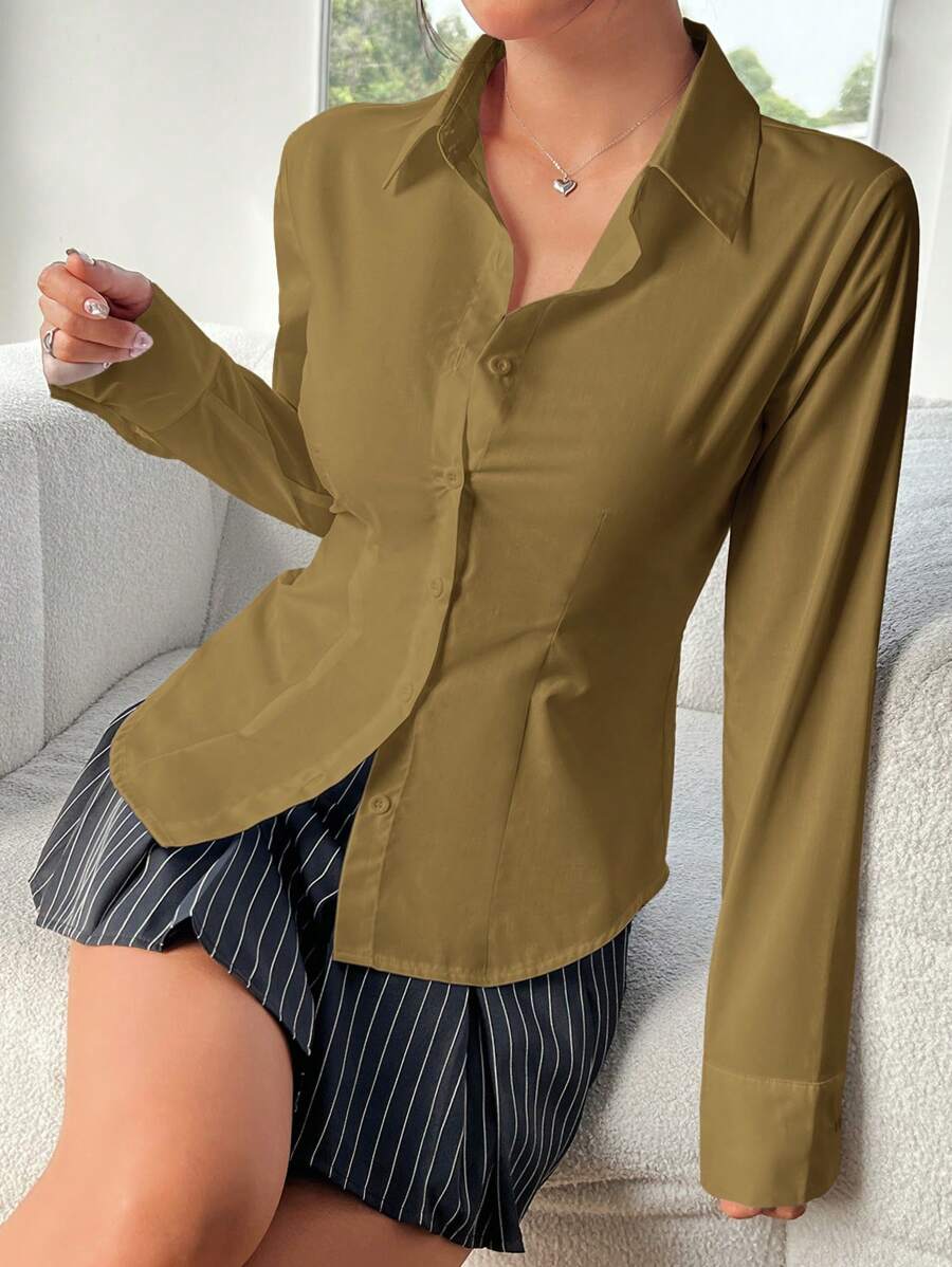 SHEIN EZwear 1pc Women's Solid Color Front Button Long Sleeve Shirt Collar Casual Blouse