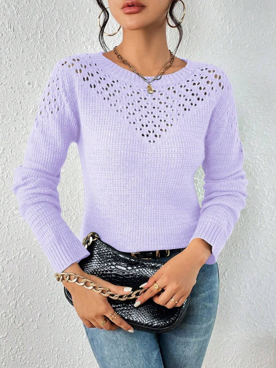 SHEIN LUNE Jersey de punto minimalista casual con calado en color liso, para otoño/invierno
