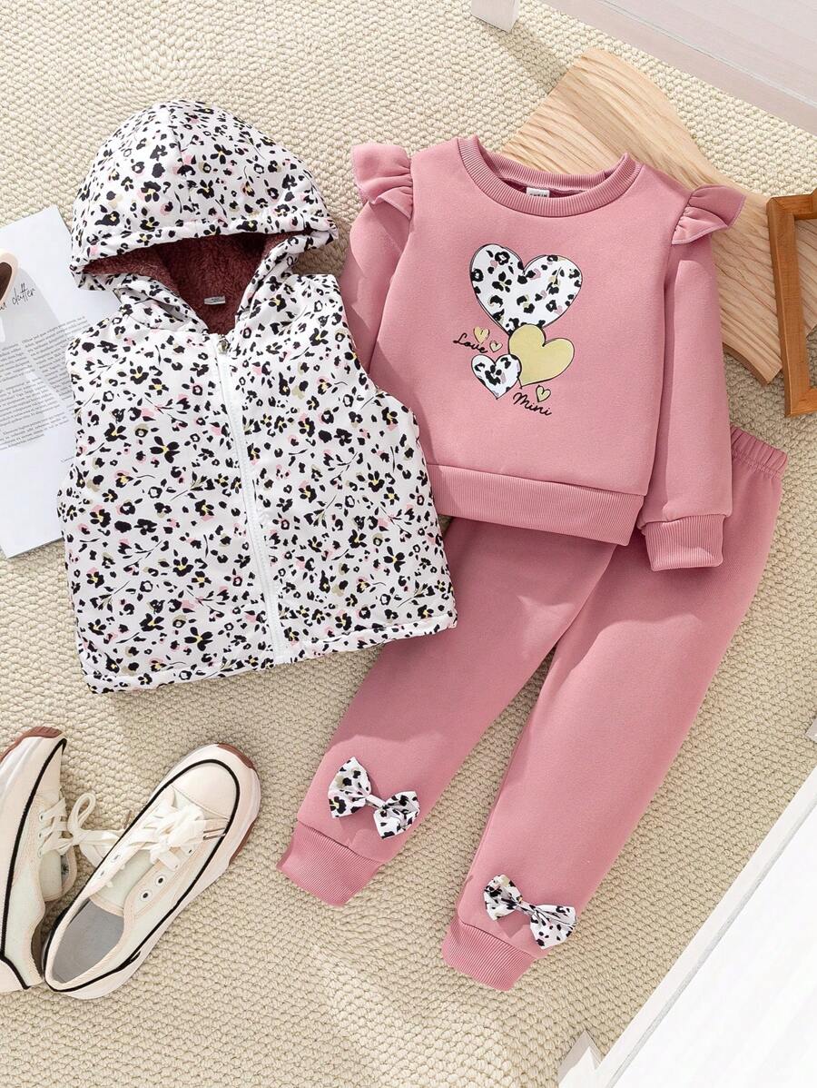 SHEIN 3pcs Young Girl Set: Fleece Heart Pattern Sweatshirt, Bowknot Sweatpants, Ditsy Floral Hooded Zipper Vest
