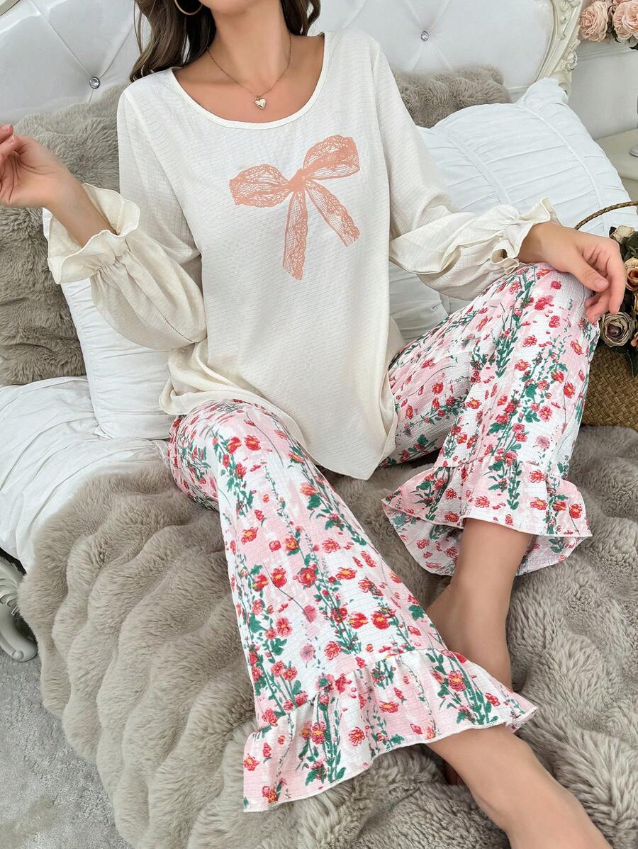 Set de ropa de dormir de 2 piezas con top y pantalones, con estampado floral y lazo de encaje de manga larga holgada
