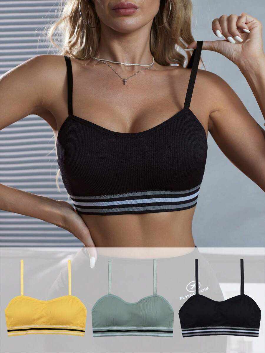 3pcs/Set Regular Solid Color Cami Spaghetti Strap Bra Set, Minimalist & Casual For Women