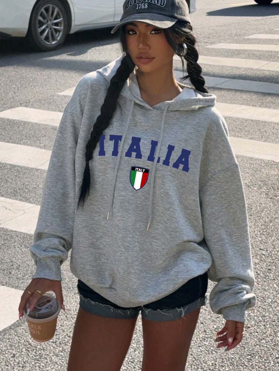 SHEIN Essnce Casual Minimalist ITALIA Graphic Print Loose Fit Women Hoodie Sweatshirt