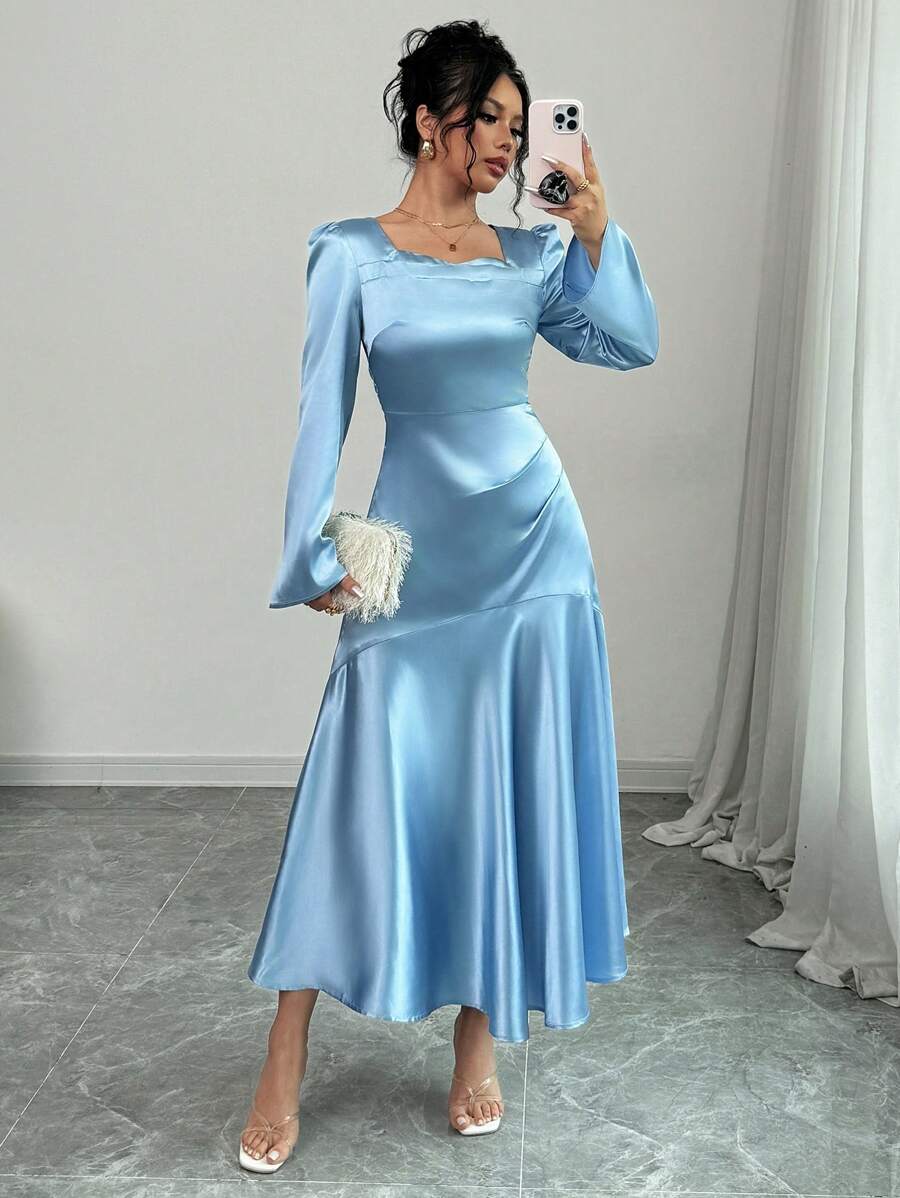 Elenzga Elegant Long Dress With Ruched Neck And Fishtail Hem Maxi Satin Women Outfit