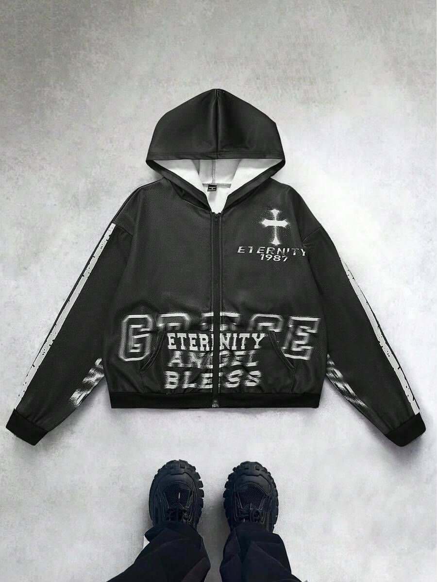 Manfinity EMRG Felpa con cappuccio casual minimalista da uomo, manica lunga, con stampa a lettere, chiusura con chiusura lampo frontale