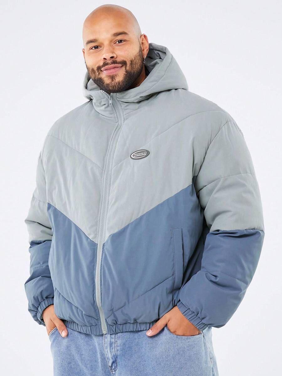 Manfinity VCAY Men's Loose Fit Color Block Long Sleeve Windproof Warm Padded Coat, Plus Size For Winter