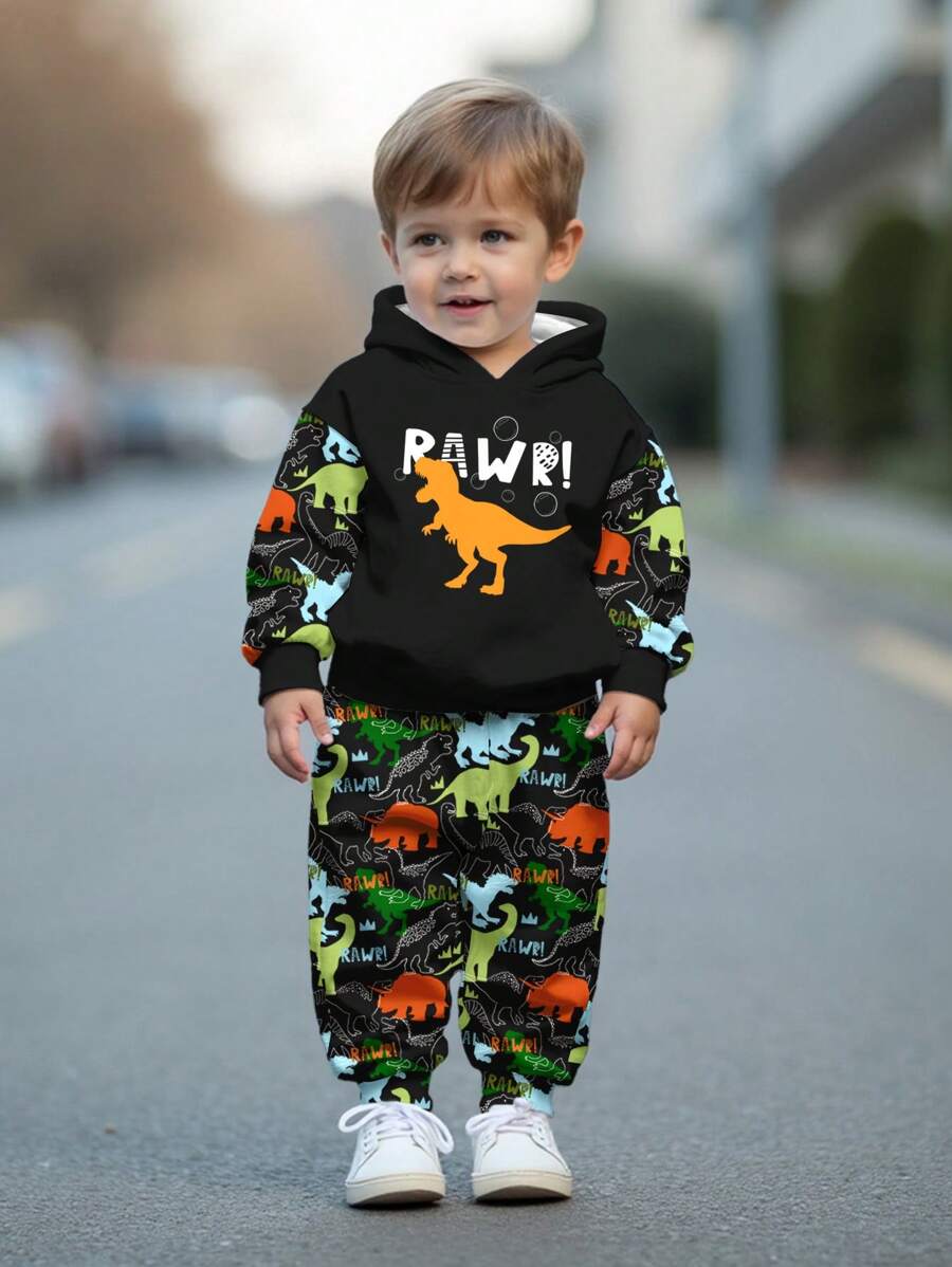 SHEIN Baby Boy Casual Losse & Zachte Comfortabele Gebreide Hoodie Sweatshirt En Broek Set Met Klassieke Dinosaurus Print, Geschikt Voor Herfst/Winter
