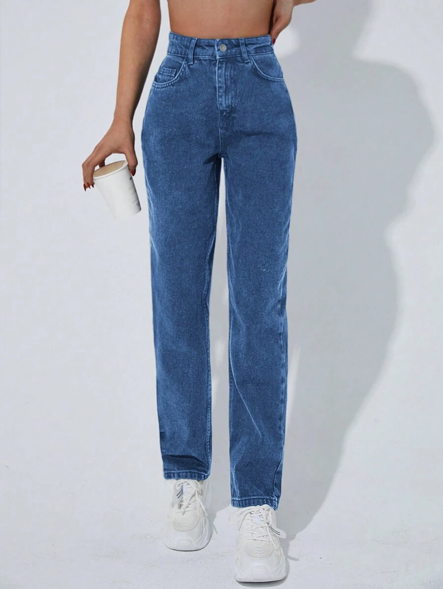SHEIN PETITE Dames Hoge Taille Zakken Rechte Pijp Losse Casual Veelzijdige Denim Jeans