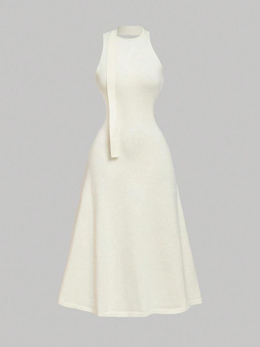 SHEIN MOD Apricot Turtleneck Collar Sleeveless Mid-Length Knitted Dress, Elegant Ladies,Halter Neck, Scarf Collar Long Woolen A Line Dress For Women,Winter Women Dress