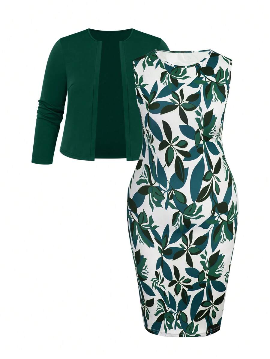 SHEIN Clasi Conjunto de 2 piezas talla grande para mujer: Chaqueta de manga larga de frente abierto en unicolor y vestido evasé de cuello redondo sin mangas con estampado floral