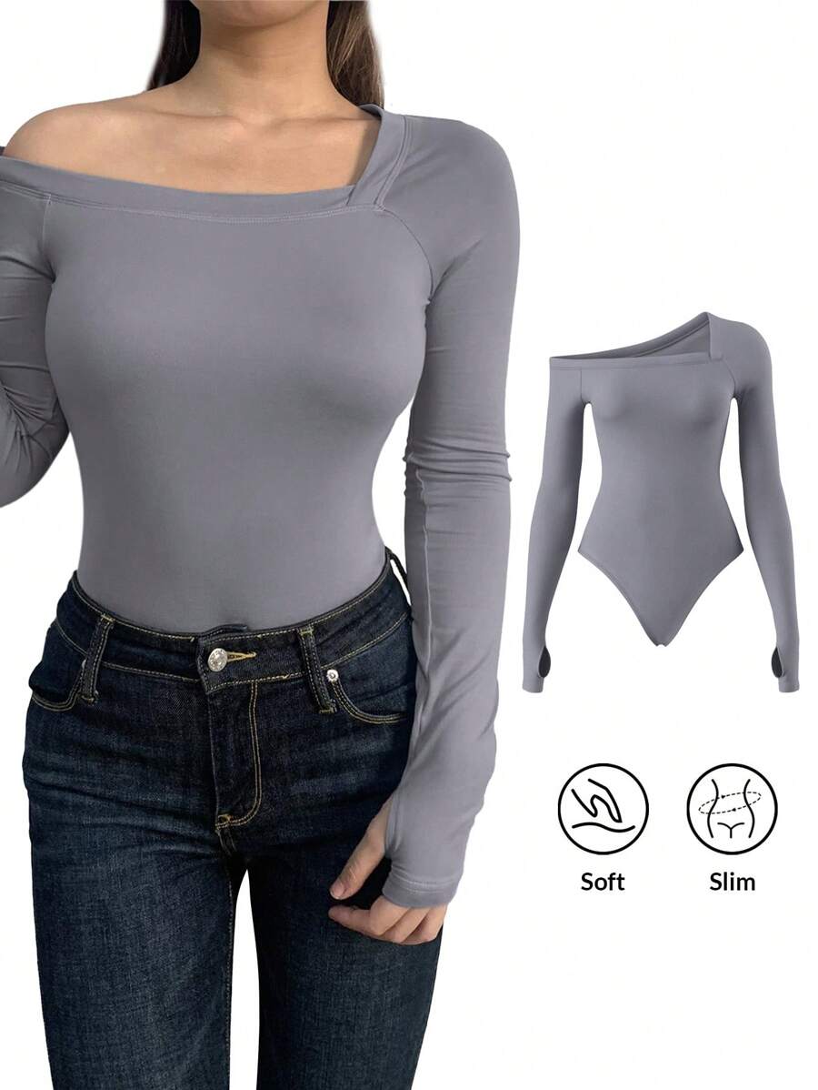 SHEIN BASICS Solid Color Knitted Fitted Long Sleeve Asymmetrical Neck Bodysuit For Women, Cozy Chic, Daily Commute