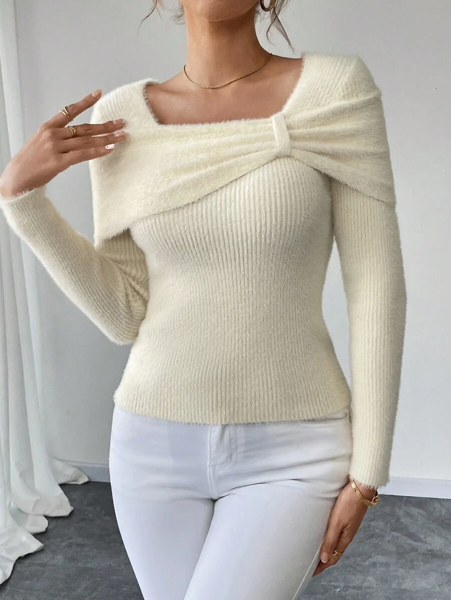 Calvaya Women Solid Color Long Sleeve Simple Knitted Sweater, Casual For Everyday Wear