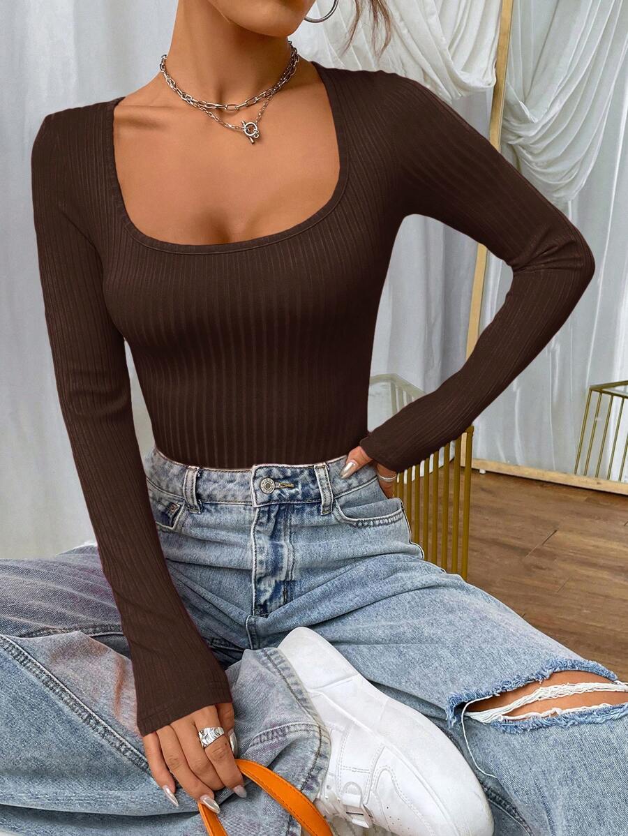 SHEIN EZwear 1pc Women Square Collar Fitted Ribbed Long Sleeve Tee Shirt, Autumn