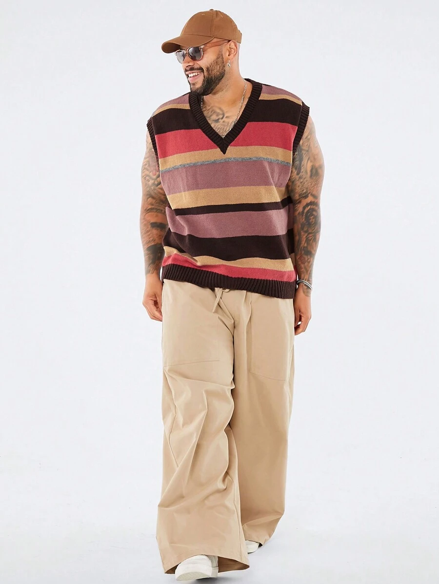 Manfinity NXTstreet Plus Size Men's Casual Striped Contrast V-Neck Loose Knit Sweater Vest