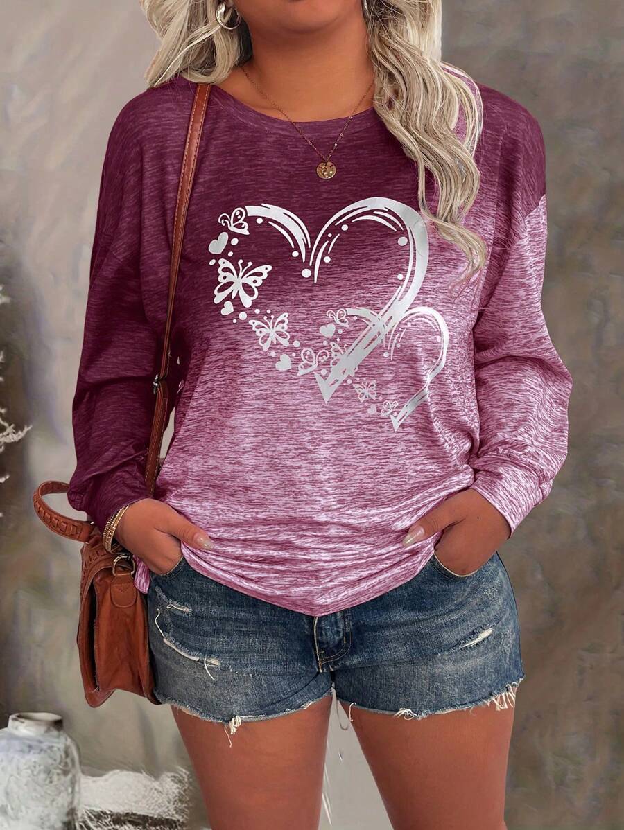 Plus Size Women's Casual Long Sleeve T-Shirt With Butterfly & Heart Prints, Autumn Graphic Tees Women Tops For Spring Outfit