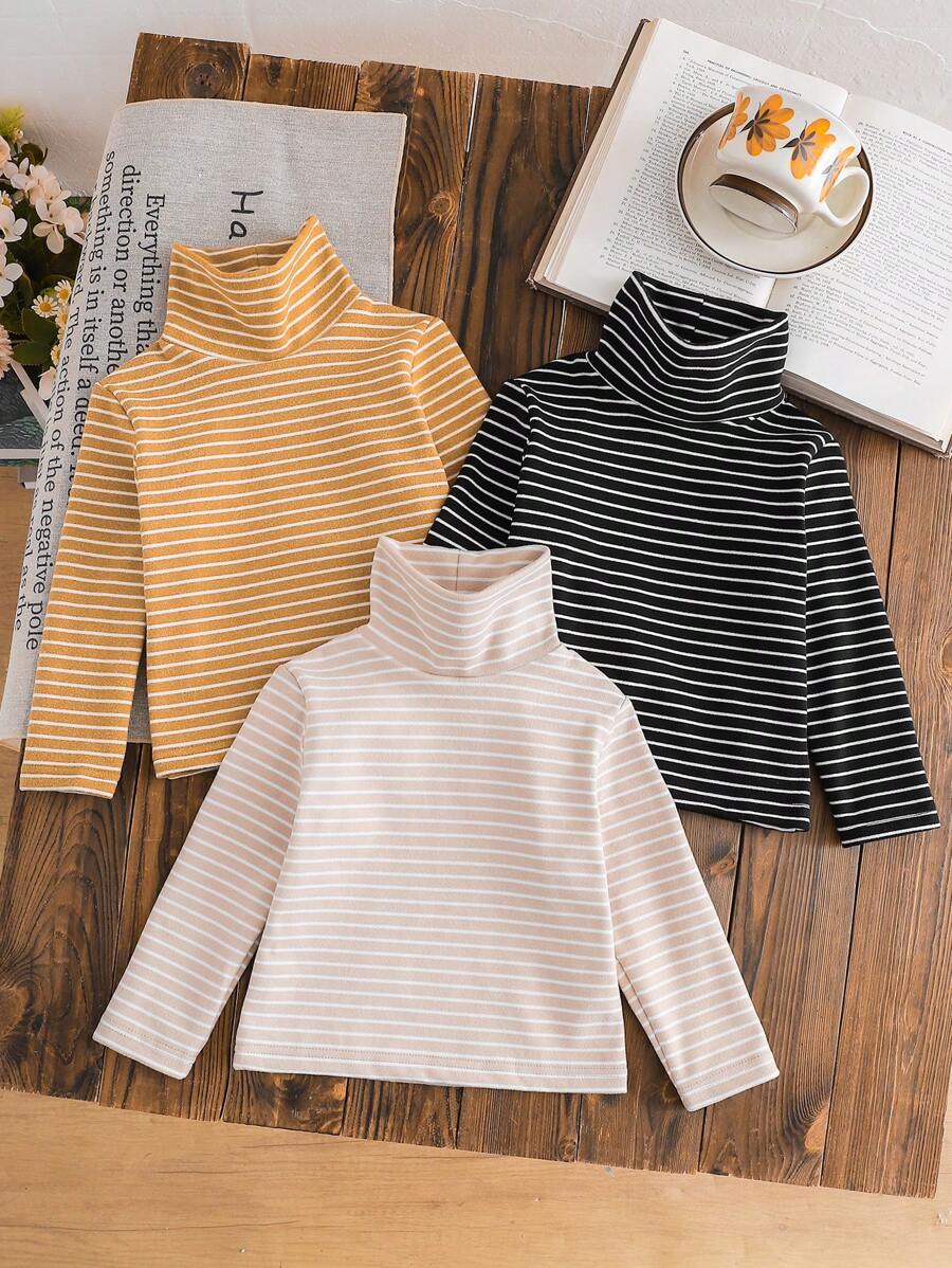SHEIN 3pcs/Set Baby Girl Toddler All-Match Striped Turtleneck Fleece Long Sleeve T-Shirt Tops, Soft & Warm, For 0-3 Years Old, Autumn/Winter