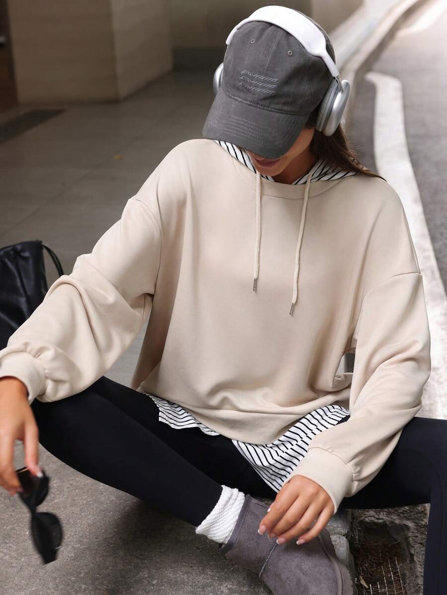 Tropiluxe New Autumn Fashionable Casual Striped Loose 2 In 1 Hooded Long Sleeve Sweatshirt For Women Sportwear For Daily Wear