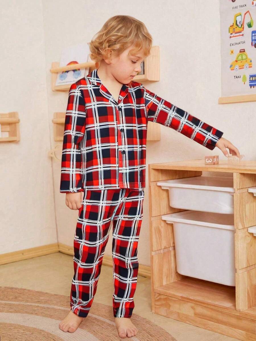 2 piezas Conjunto de pijama para niño pequeño, camiseta de manga larga con cuello de solapa e impresión de cuadros clásica y pantalones largos casuales, ropa de estar en casa de moda