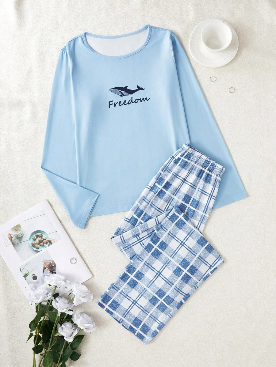 Set de pijama de 2 piezas con estampado de ballena y letras de manga larga, con pantalón a cuadros