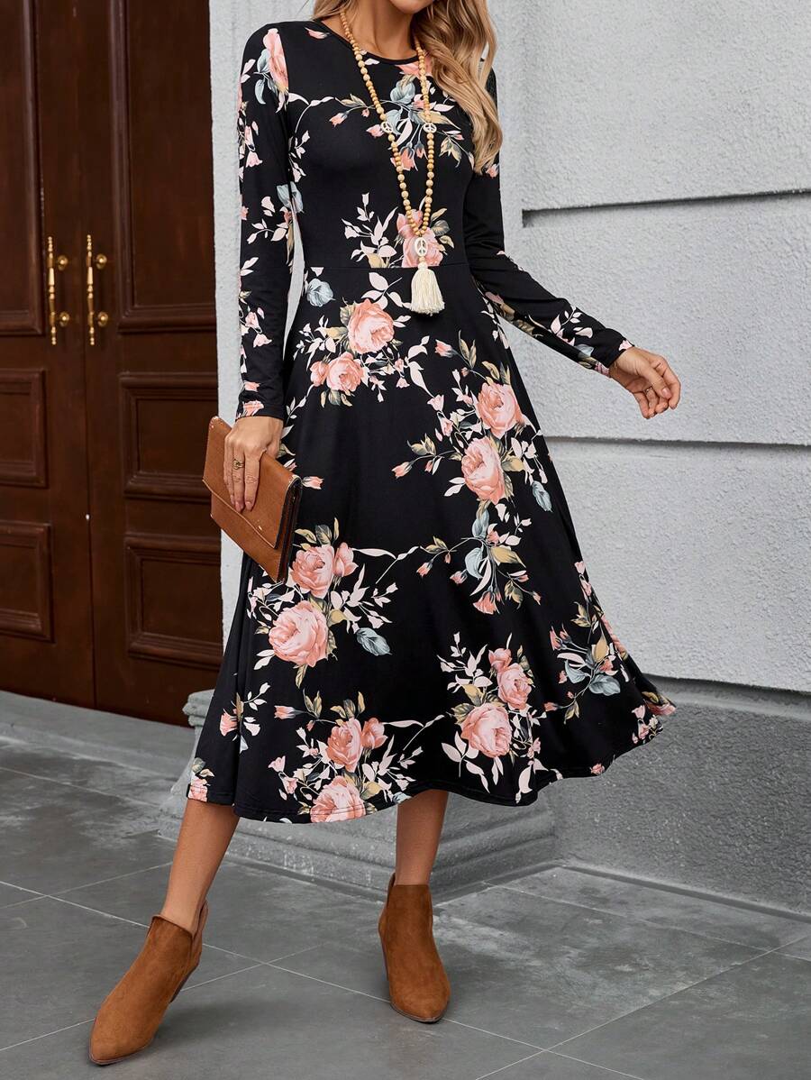 EMERY ROSE Women's Floral Print Round Neck Long Sleeve Elegant Mid-Length Dress, Autumn Dresses For Women