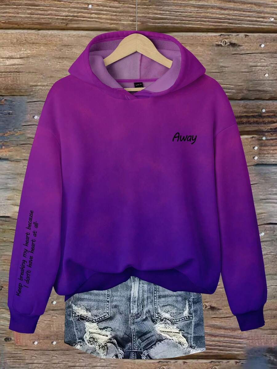 SHEIN LUNE Sudadera casual con estampado de letras en inglés en degradado para mujer de talla grande, adecuado para otoño/invierno