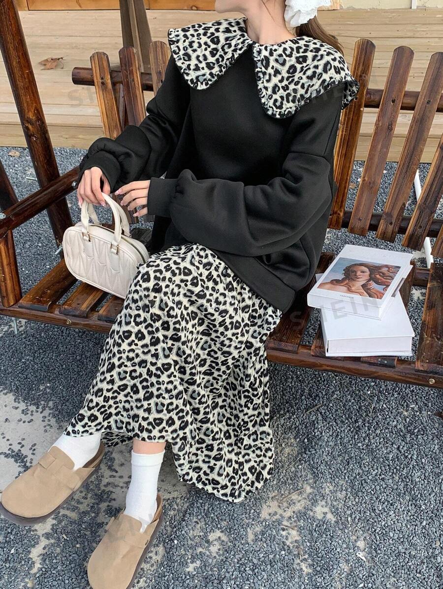DAZY Vestido casual y lindo de longitud media holgado con estampado de leopardo, cuello Peter Pan y diseño de 2 en 1 para uso diario de las mujeres