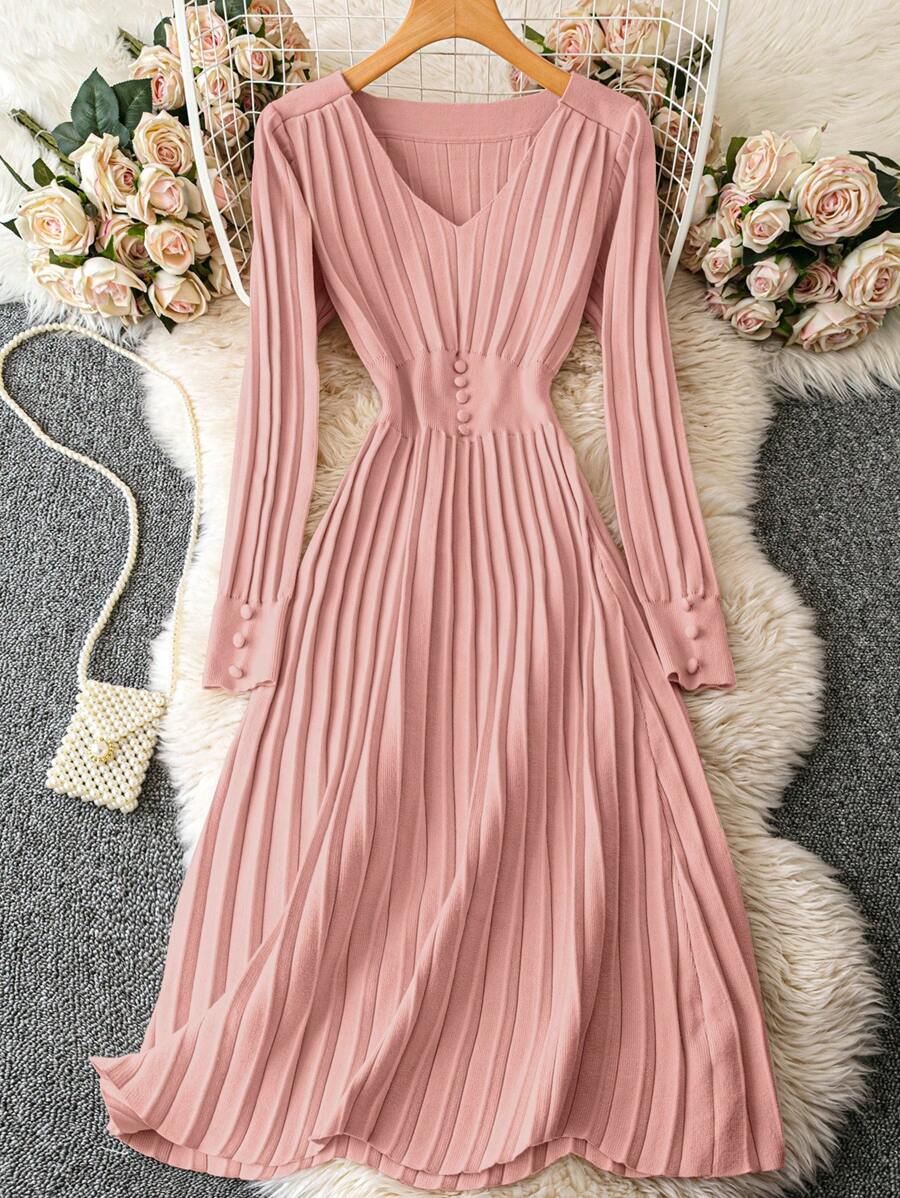 Calvaya Vestido de mujer con cuello en V, plisado, manga larga y cintura ceñida para otoño/invierno