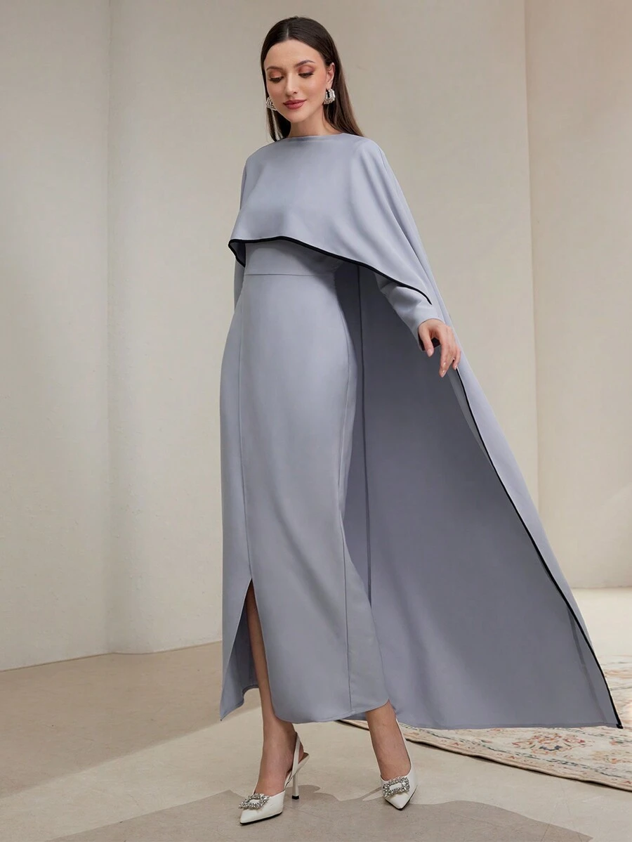 Modelyn Women's Solid Color Round Neck Poncho Splicing Slit Hem Elegant Dress Long Evening Dresses