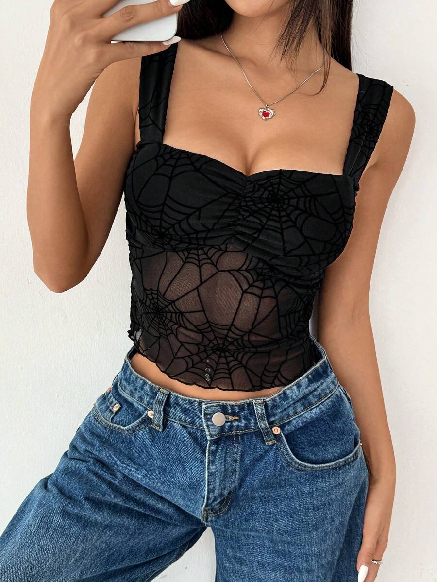 SHEIN EZwear Camiseta de tirantes con malla de telaraña, adecuada para Halloween, para mujeres