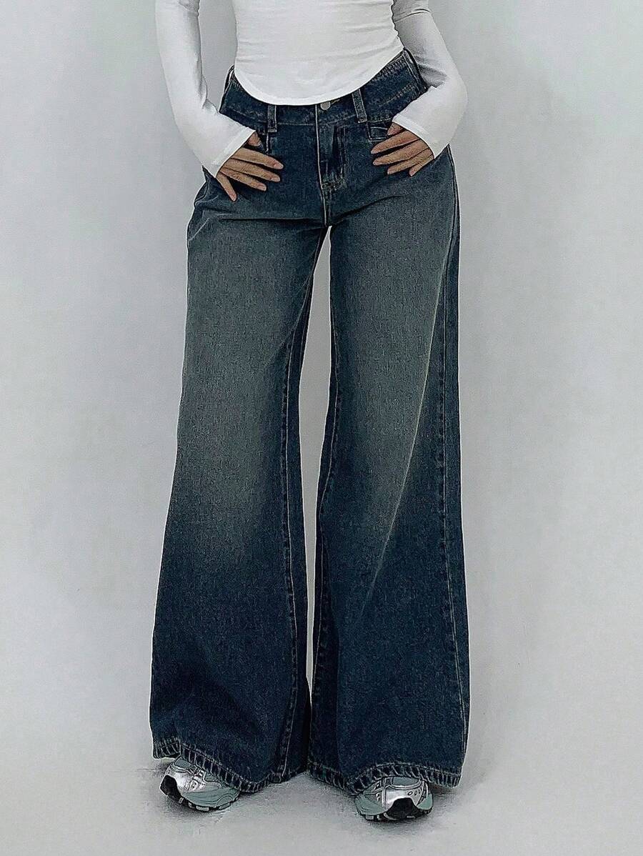 DAZY Dames Voorkant Knoop Lage Taille Flare Leg Jeans Broek, Casual Dagelijkse Kleding