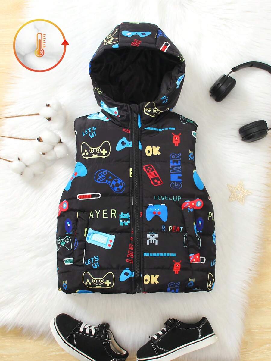 SHEIN Jonge jongens videogame grafische print capuchon rits jas, met gewatteerde voering voor warmte, zachte en comfortabele stof, geschikt voor casual, school, feest en buitenkleding