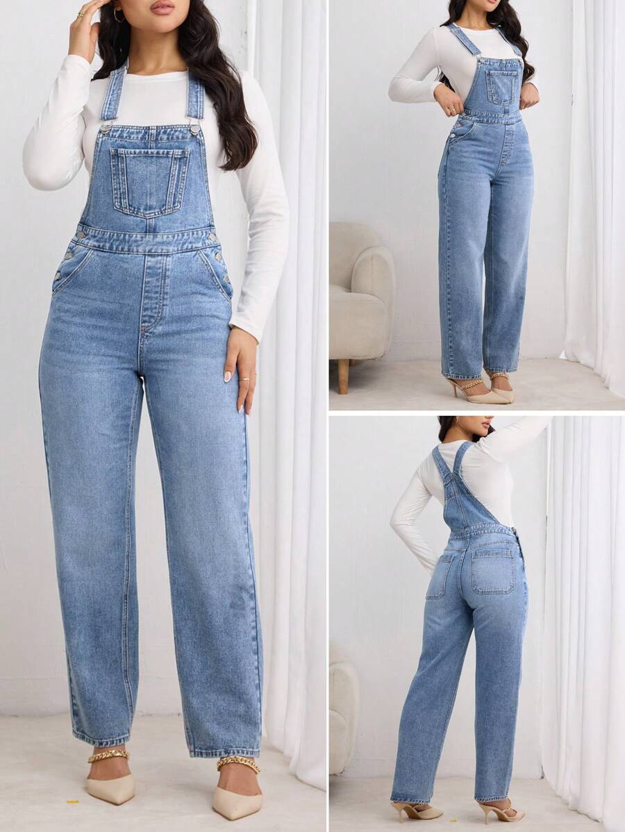 SHEIN LUNE Women Casual All-Match Denim Jumpsuit With Pockets