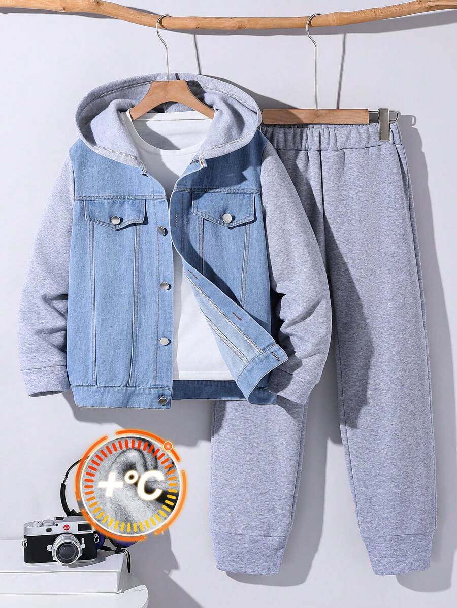 Conjunto de 2 piezas para niño preadolescente con chaqueta y pantalones de mezclilla con diseño de parches modernos y casuales, ropa adecuada para el otoño/invierno para uso diario