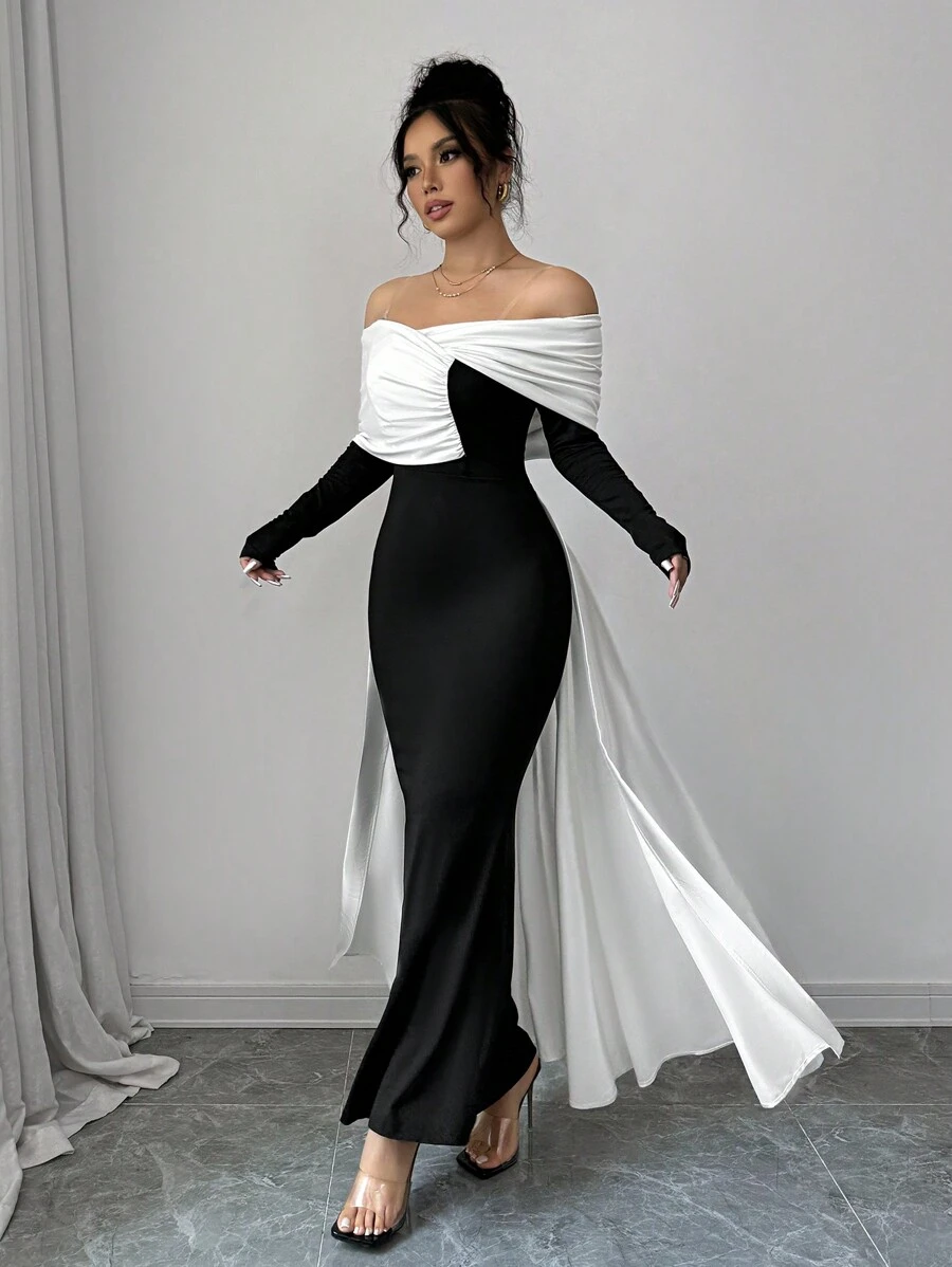 Firerie Women Elegant Sexy Off-Shoulder Color Block Evening Long Sleeve Dress, Black And White Bodycon Dress,Princess Tight Long Dress For Party & Gathering, Christmas Party Women Dress,New Year Eve Dress,Autumn/Winter