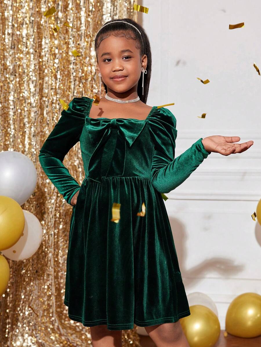 SHEIN Vestido de princesa de manga larga con cuello redondo y lazo para niñas preadolescentes, de unicolor, adecuado para fiestas casuales, salidas y Navidad