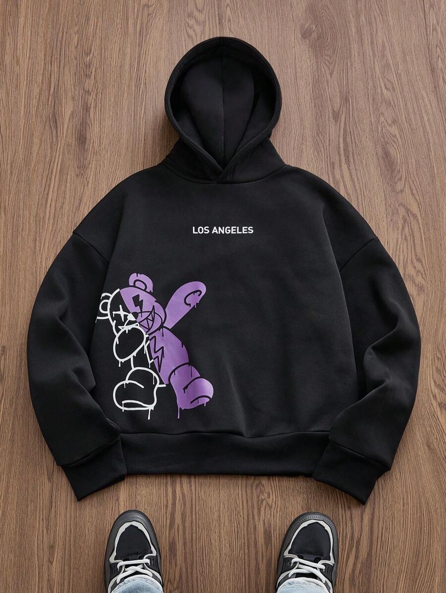 Manfinity VCAY Men's Knit Casual Daily Loose Fit Hoodie, Young Style, Long Sleeve Black Graphic Hoodie, For Friends, Husband, Boyfriend Gifts